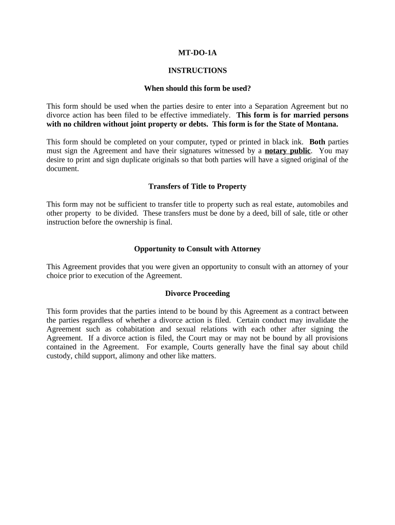 Marital Domestic Separation and Property Settlement Agreement for persons with no Children, no Joint Property, or Debts Effective Immediately - Montana Preview on Page 1