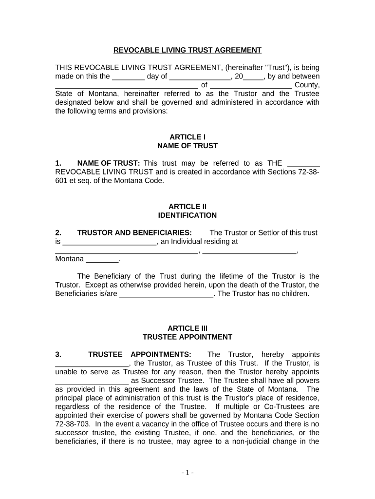 Living Trust for Individual Who is Single, Divorced or Widow (or Widower) with No Children - Montana Preview on Page 1