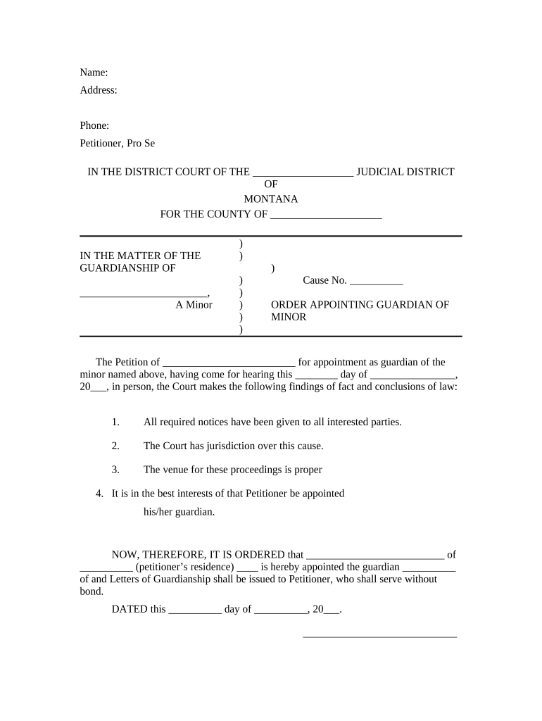 Order Appointing Guardian of Minor - Montana Preview on Page 1