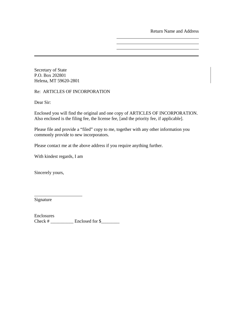 Sample Transmittal Letter to Secretary of State's Office to File Articles of Incorporation - Montana - Montana Preview on Page 1