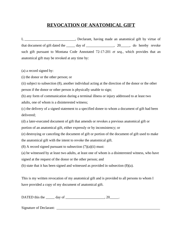 Revocation of Anatomical Gift Act Donation - Montana Preview on Page 1