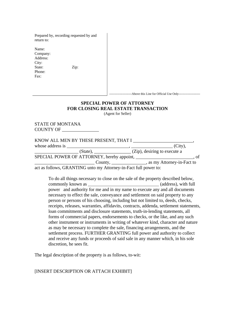 Special or Limited Power of Attorney for Real Estate Sales Transaction By Seller - Montana Preview on Page 1