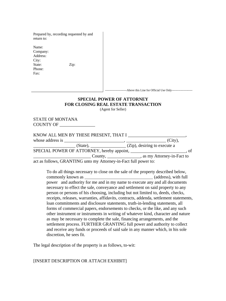Special or Limited Power of Attorney for Real Estate Sales Transaction By Seller - Montana Preview on Page 1.