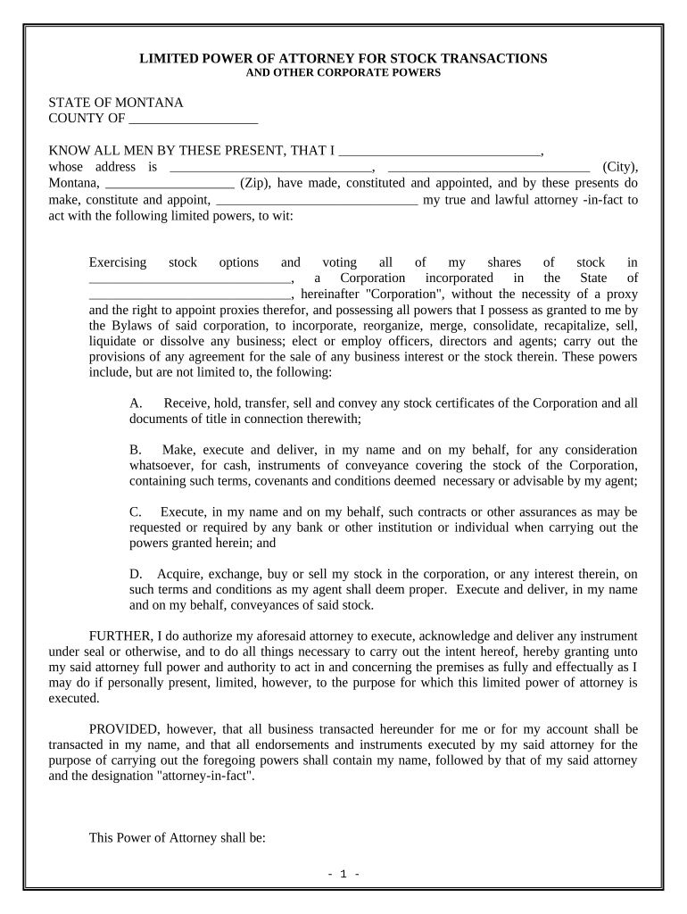 Limited Power of Attorney for Stock Transactions and Corporate Powers - Montana Preview on Page 1.