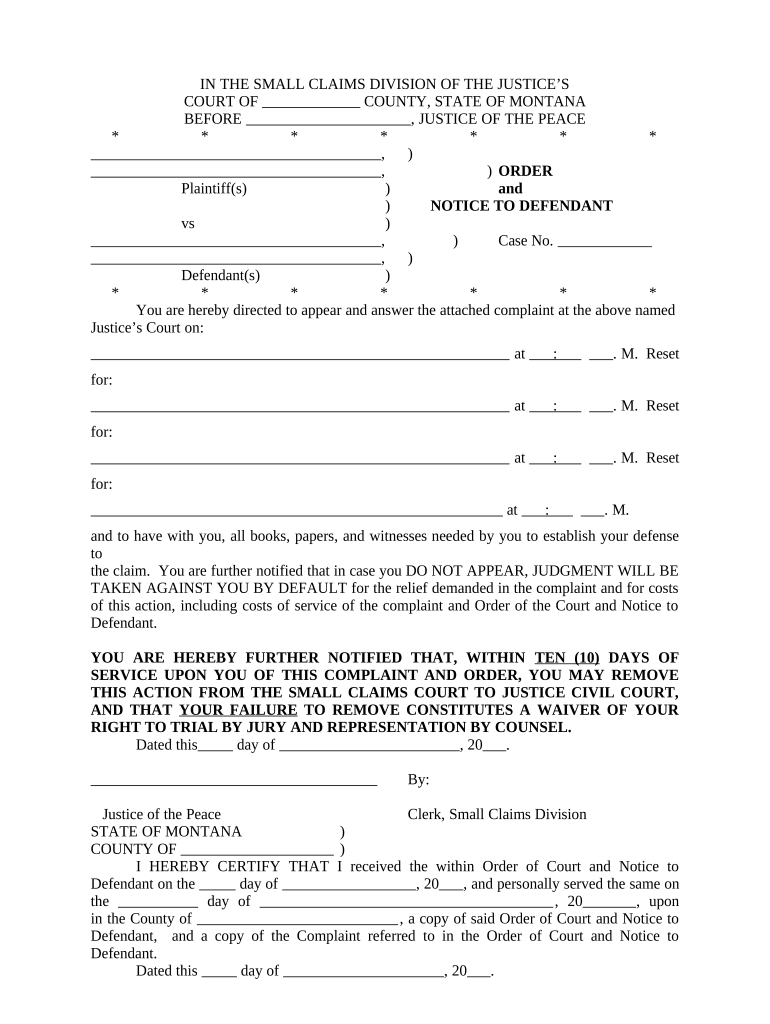 Order and Notice to Defendant - Montana Preview on Page 1.