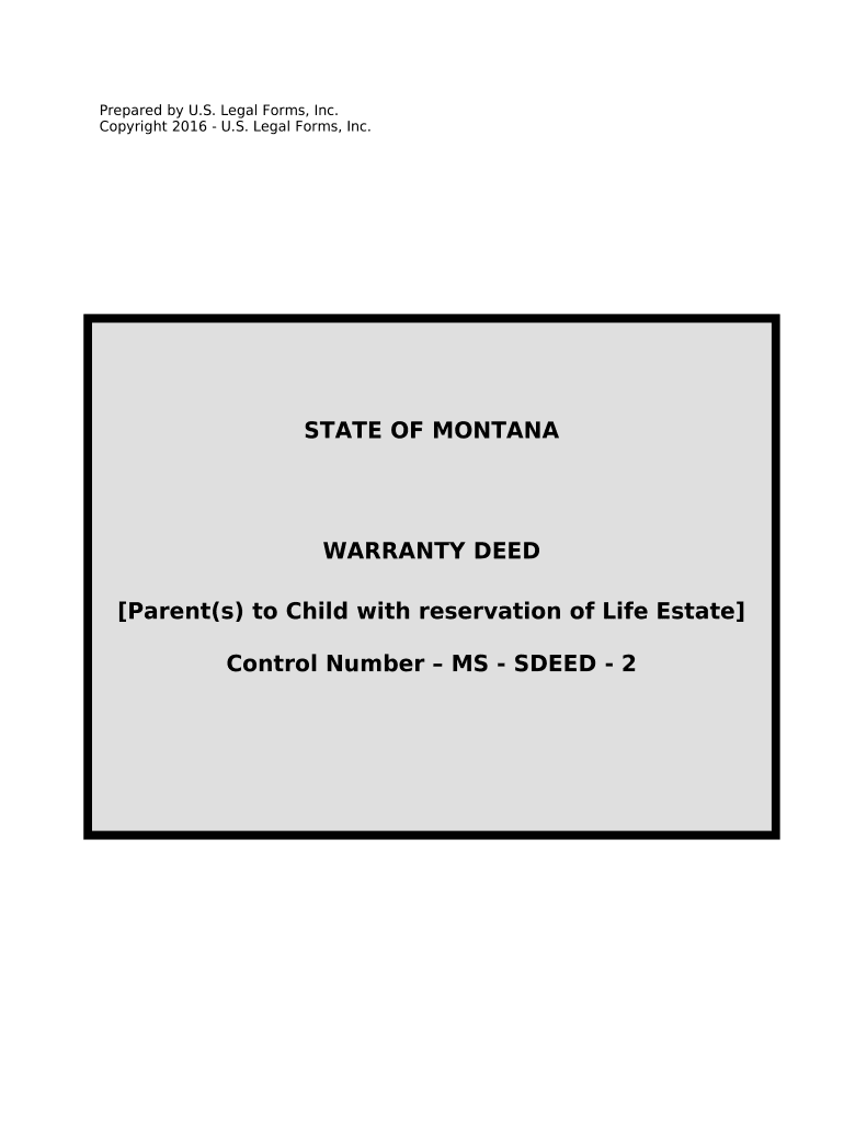 Warranty Deed for Parents to Child with Reservation of Life Estate - Montana Preview on Page 1