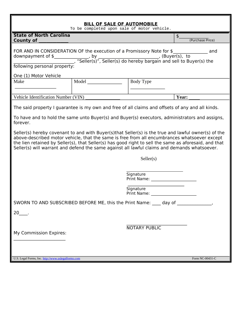 motorcycle bill of sale nc Preview on Page 1