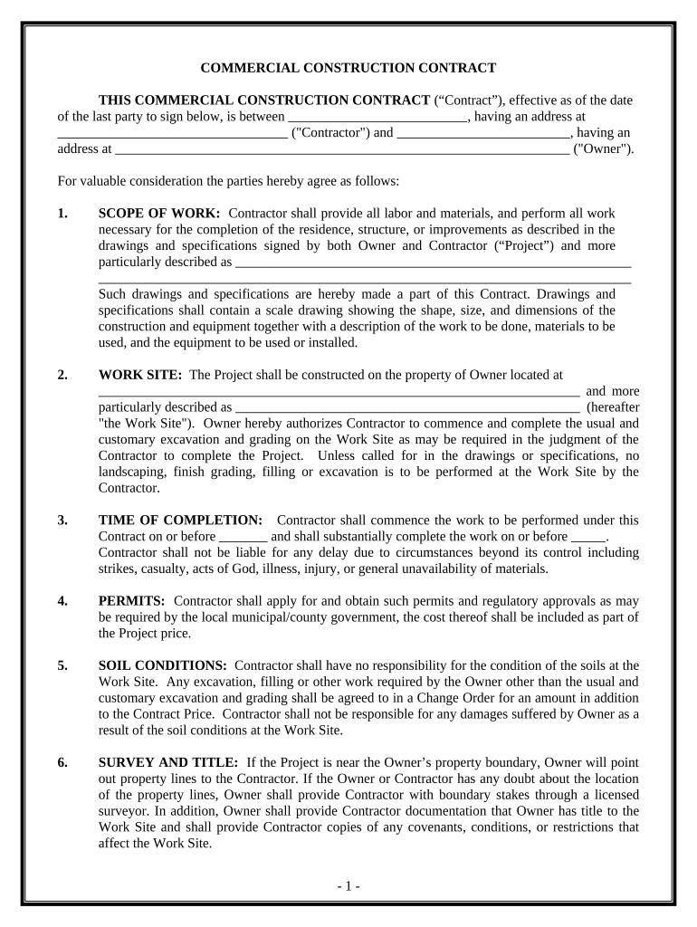 Commercial Contract for Contractor - North Carolina Preview on Page 1