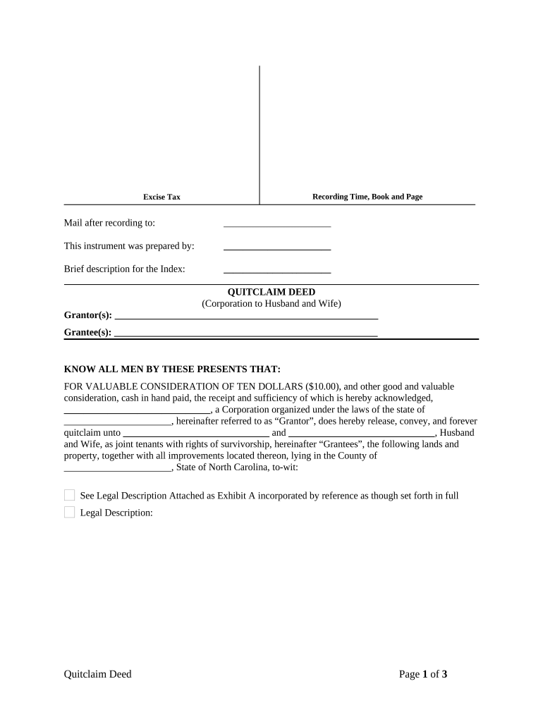 Quitclaim Deed from Corporation to Husband and Wife - North Carolina Preview on Page 1
