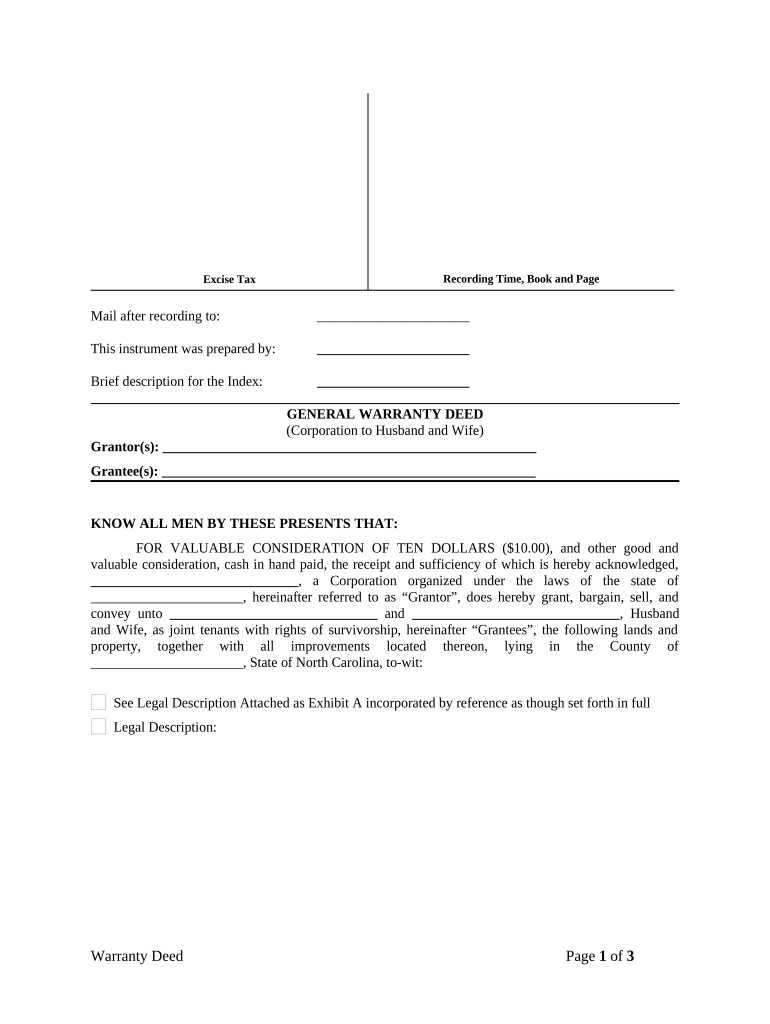 General Warranty Deed from Corporation to Husband and Wife - North Carolina Preview on Page 1