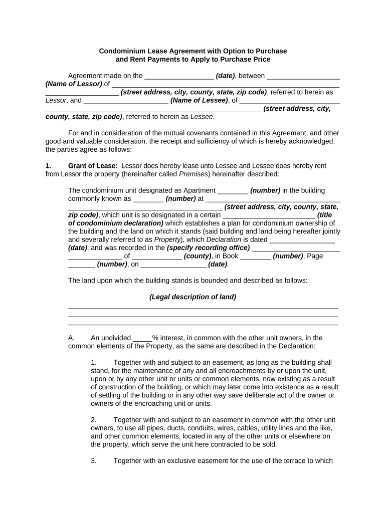 Condominium Lease Agreement with Option to Purchase and Rent Payments to Apply to Purchase Price - Rent to Own - Condo Rental - North Carolina Preview on Page 1