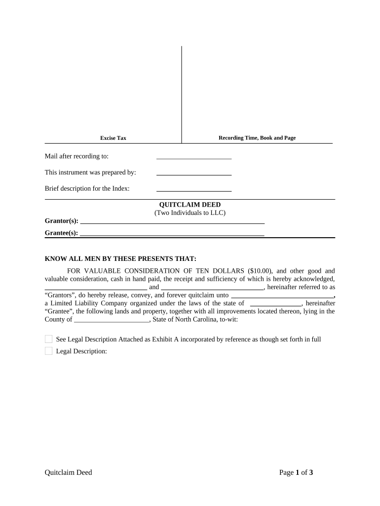 Quitclaim Deed by Two Individuals to LLC - North Carolina Preview on Page 1.