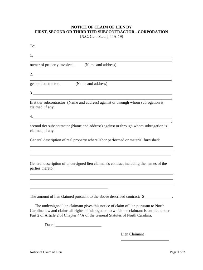 Notice of Claim - Subcontractor 1,2,or 3rd tier - Corporation or LLC - North Carolina Preview on Page 1