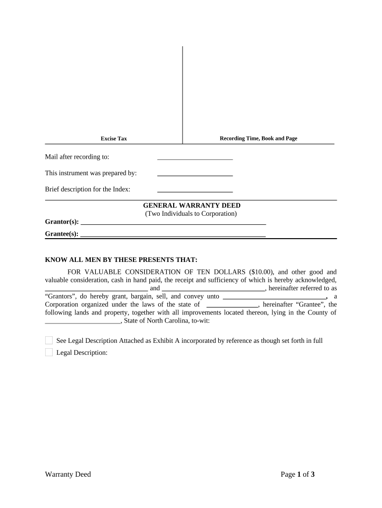 General Warranty Deed from two Individuals to Corporation - North Carolina Preview on Page 1.