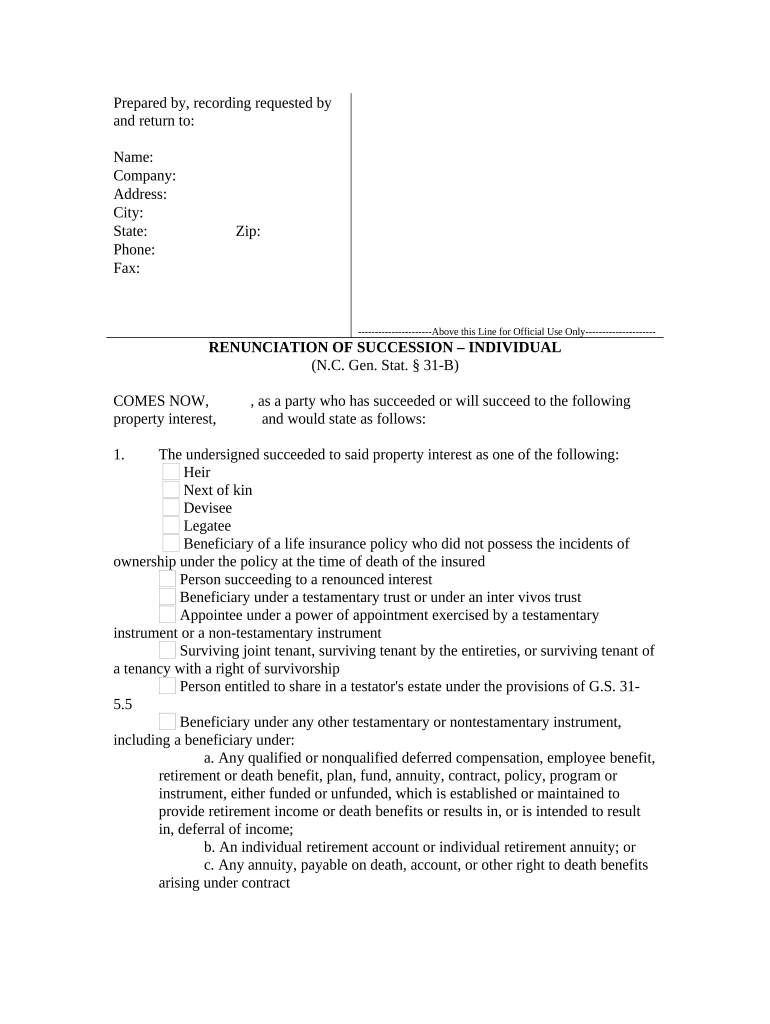 Renunciation And Disclaimer of Property from Life Insurance or Annuity Contract - North Carolina Preview on Page 1