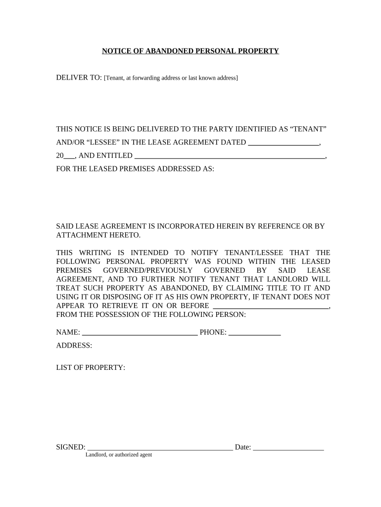 sample letter to tenant to remove belongings Preview on Page 1