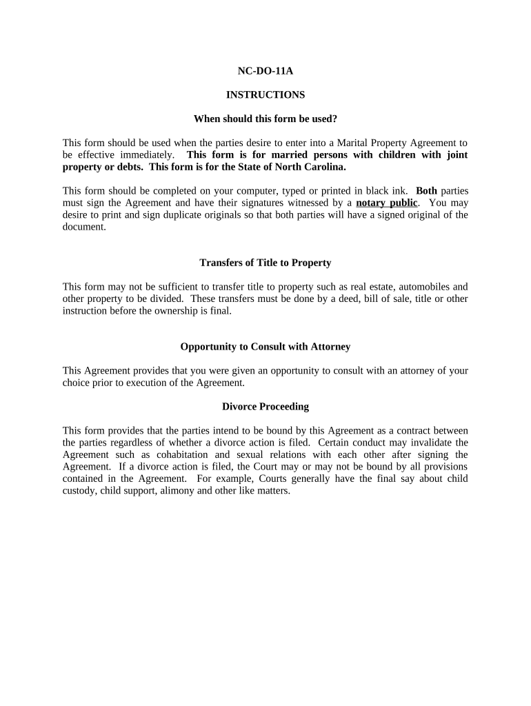 Marital Domestic Separation and Property Settlement Agreement Minor Children Parties May have Joint Property or Debts effective Immediately - North Carolina Preview on Page 1