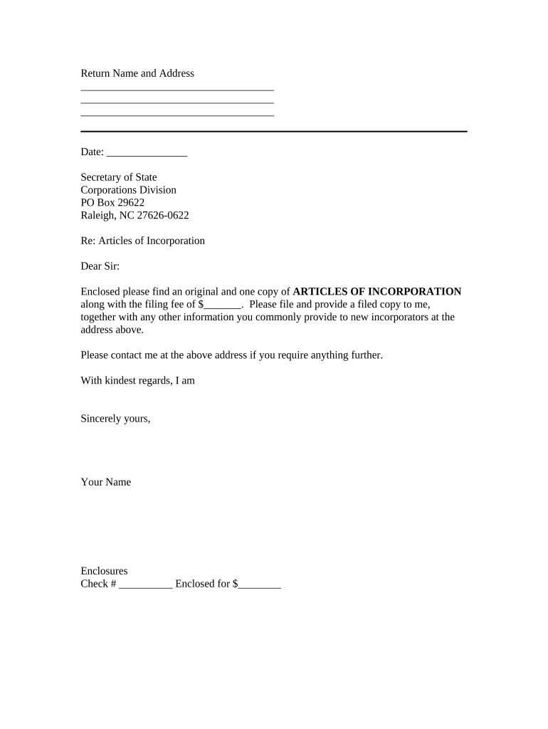 Sample Transmittal Letter for Articles of Incorporation - North Carolina Preview on Page 1