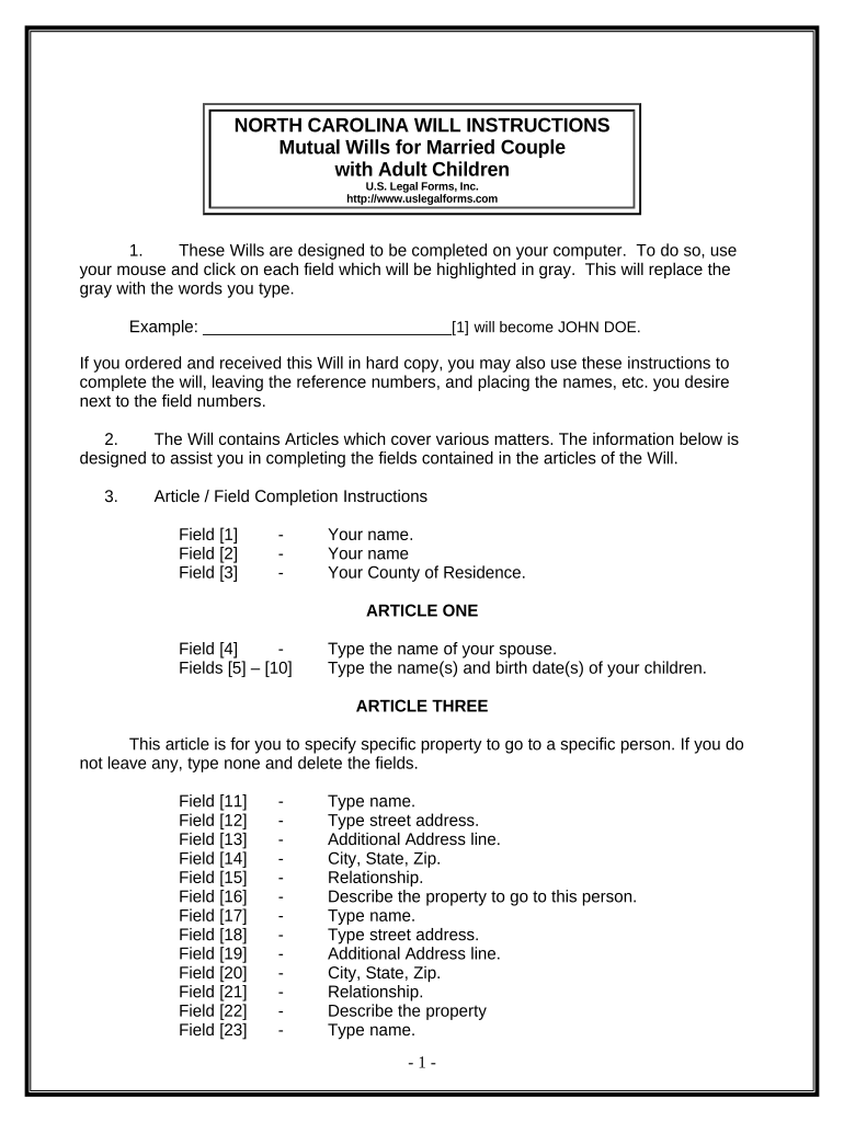 Mutual Wills Package with Last Wills and Testaments for Married Couple with Adult Children - North Carolina Preview on Page 1