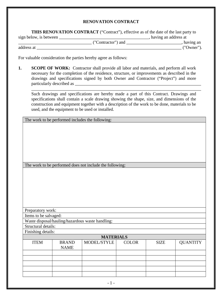 Renovation Contract for Contractor - North Dakota Preview on Page 1