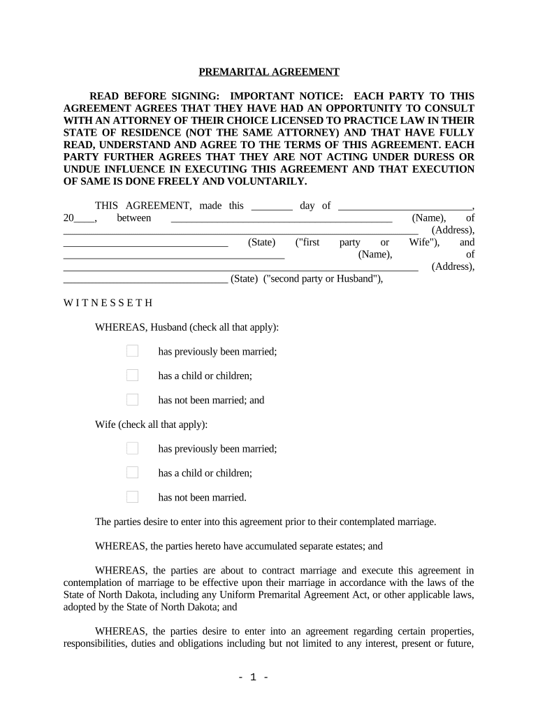 North Dakota Prenuptial Premarital Agreement without Financial Statements - North Dakota Preview on Page 1.
