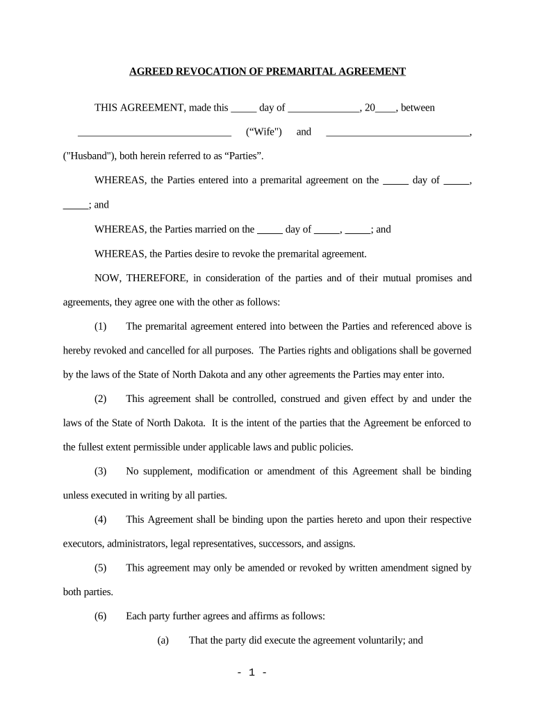 Revocation of Premarital or Prenuptial Agreement - North Dakota Preview on Page 1