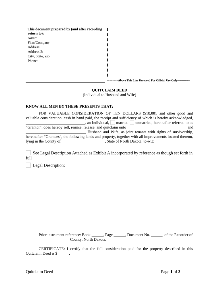 Quitclaim Deed from Individual to Husband and Wife - North Dakota Preview on Page 1