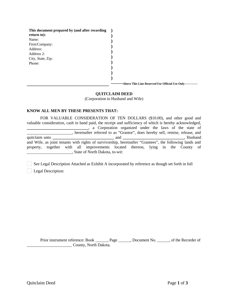 Quitclaim Deed from Corporation to Husband and Wife - North Dakota Preview on Page 1