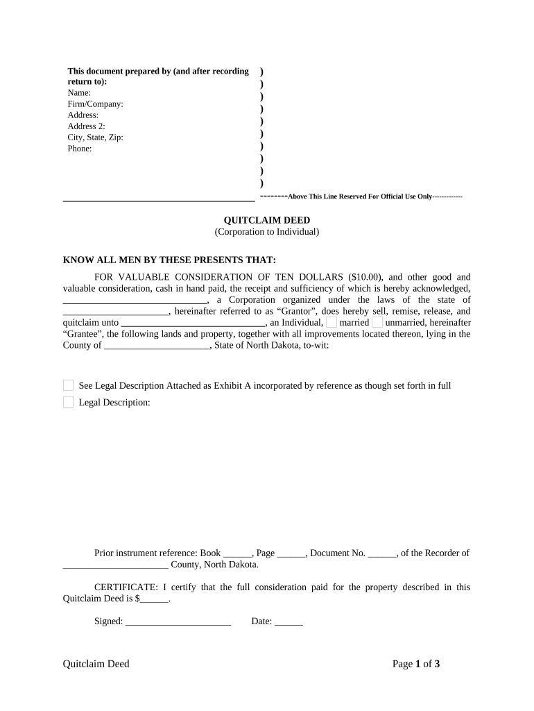 Quitclaim Deed from Corporation to Individual - North Dakota Preview on Page 1