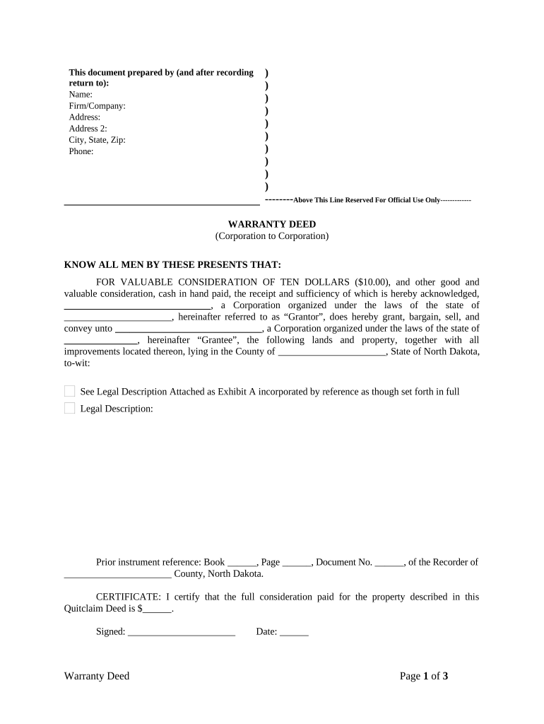 Warranty Deed from Corporation to Corporation - North Dakota Preview on Page 1