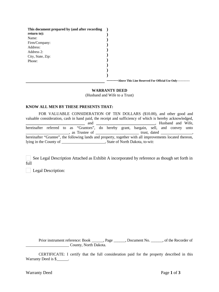 Warranty Deed from Husband and Wife to a Trust - North Dakota Preview on Page 1.