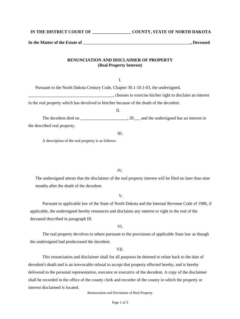 Renunciation And Disclaimer of Real Property Interest - North Dakota Preview on Page 1