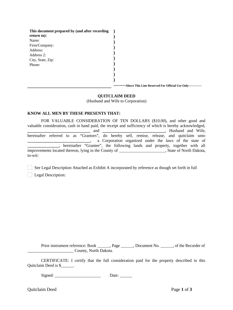 Quitclaim Deed from Husband and Wife to Corporation - North Dakota Preview on Page 1.