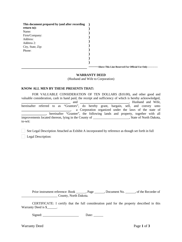 Warranty Deed from Husband and Wife to Corporation - North Dakota Preview on Page 1.