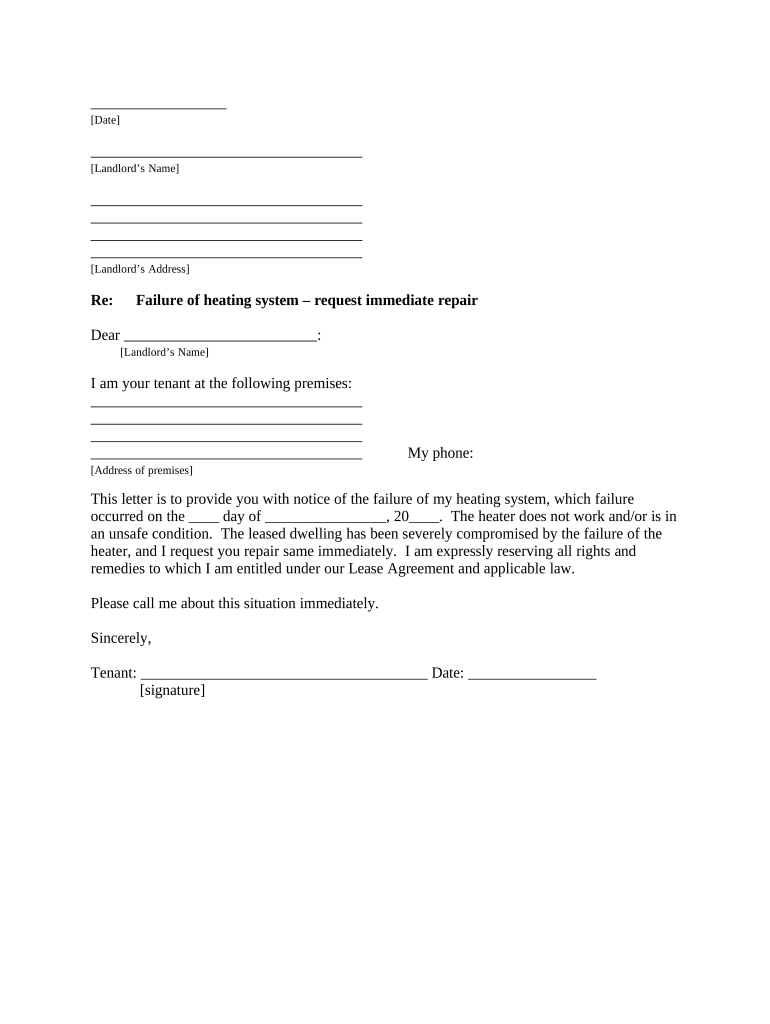 Letter from Tenant to Landlord containing Notice that heater is broken, unsafe or inadequate and demand for immediate remedy - North Dakota Preview on Page 1