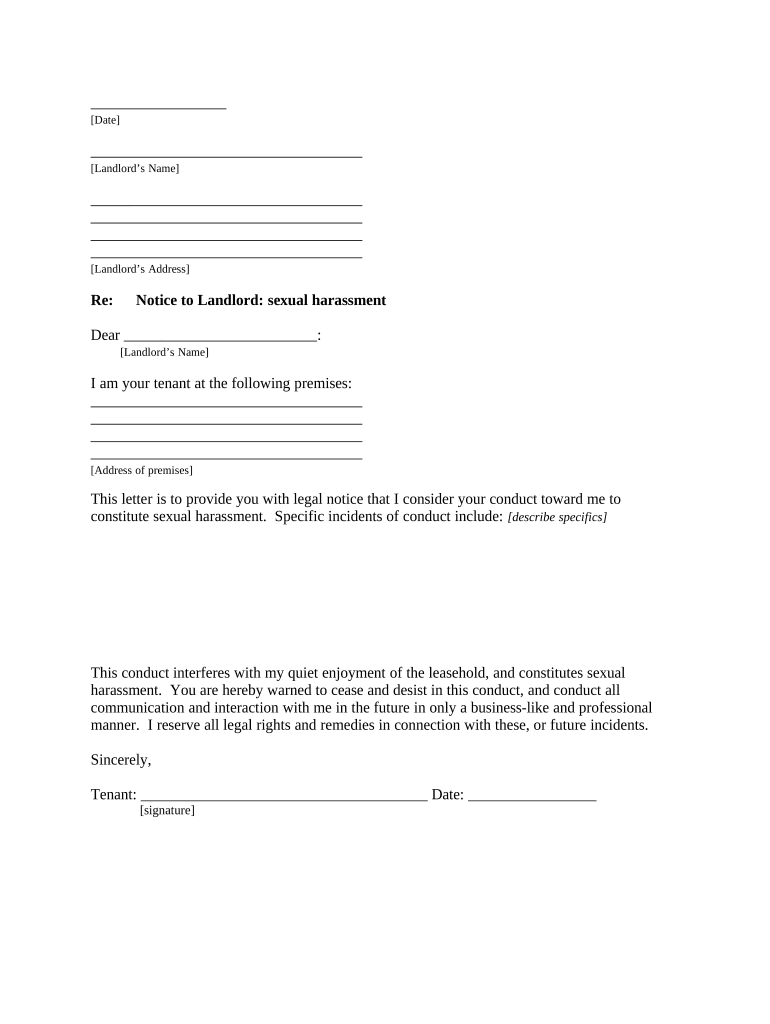 Letter from Tenant to Landlord about Sexual Harassment - North Dakota Preview on Page 1