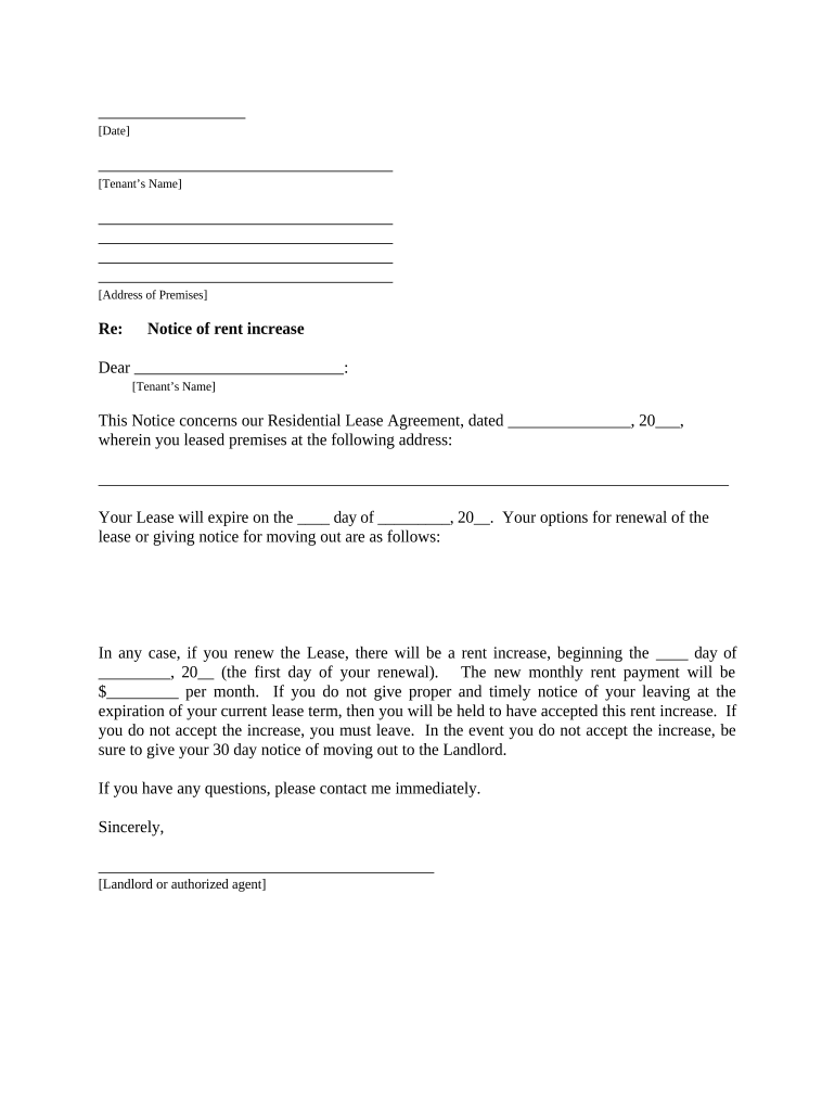 Letter from Landlord to Tenant about Intent to increase rent and effective date of rental increase - North Dakota Preview on Page 1