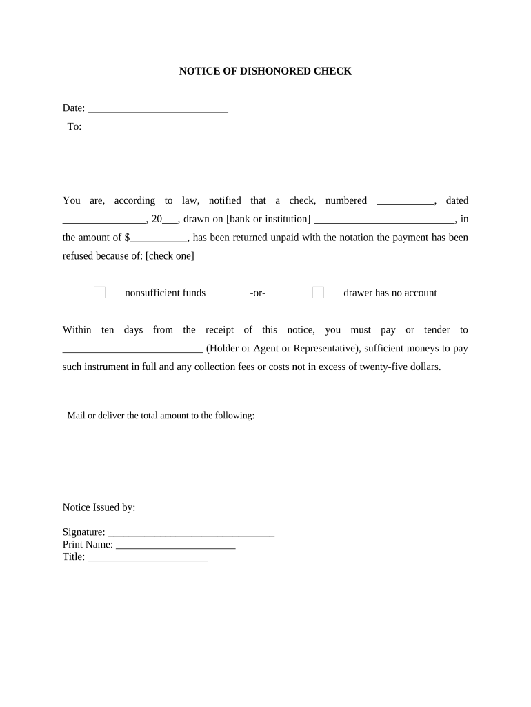 Notice of Dishonored Check - Civil - Keywords: bad check, bounced check - North Dakota Preview on Page 1