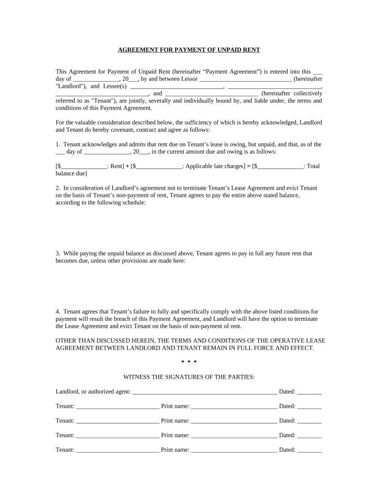 Agreement for Payment of Unpaid Rent - North Dakota Preview on Page 1.