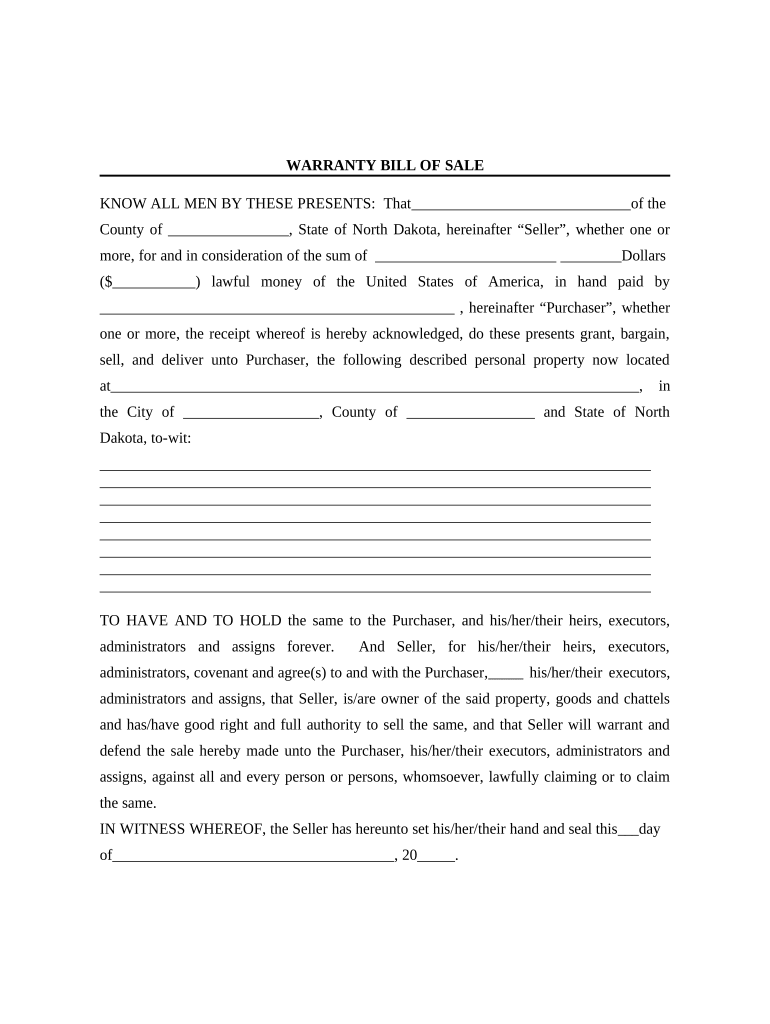 Bill of Sale with Warranty by Individual Seller - North Dakota Preview on Page 1