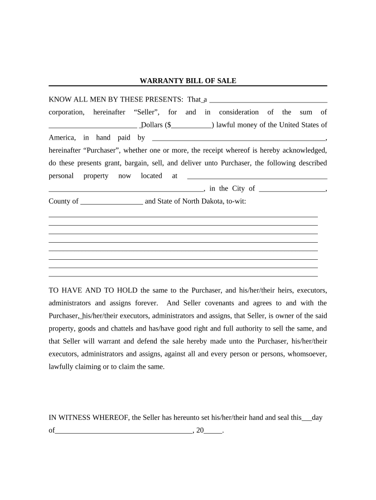 Bill of Sale with Warranty for Corporate Seller - North Dakota Preview on Page 1.