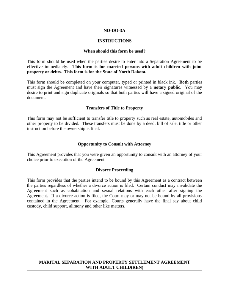 Marital Domestic Separation and Property Settlement Agreement Adult Children Parties May have Joint Property or Debts effective Immediately - North Dakota Preview on Page 1