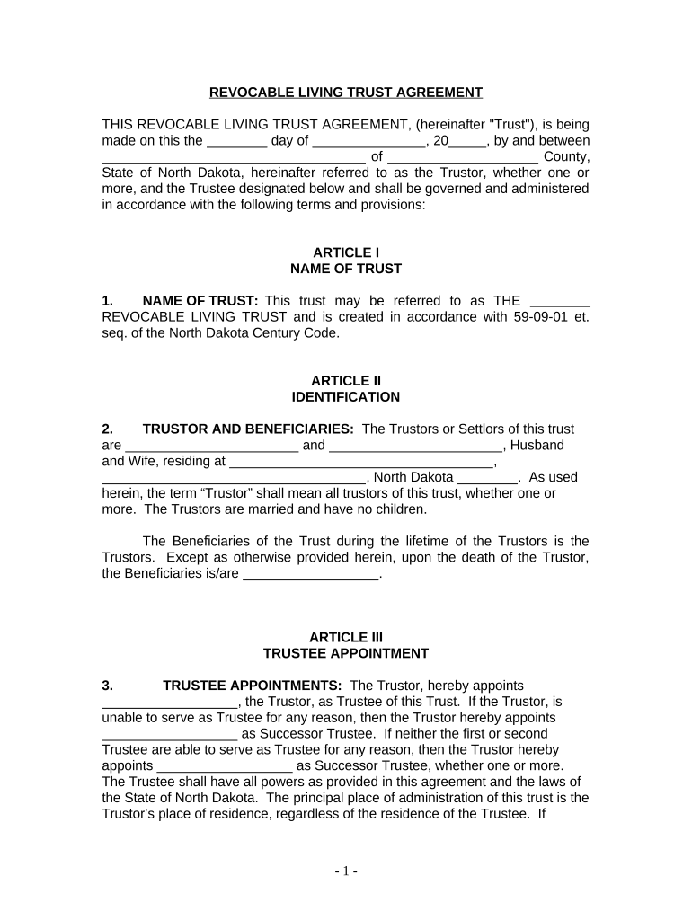 Living Trust for Husband and Wife with No Children - North Dakota Preview on Page 1