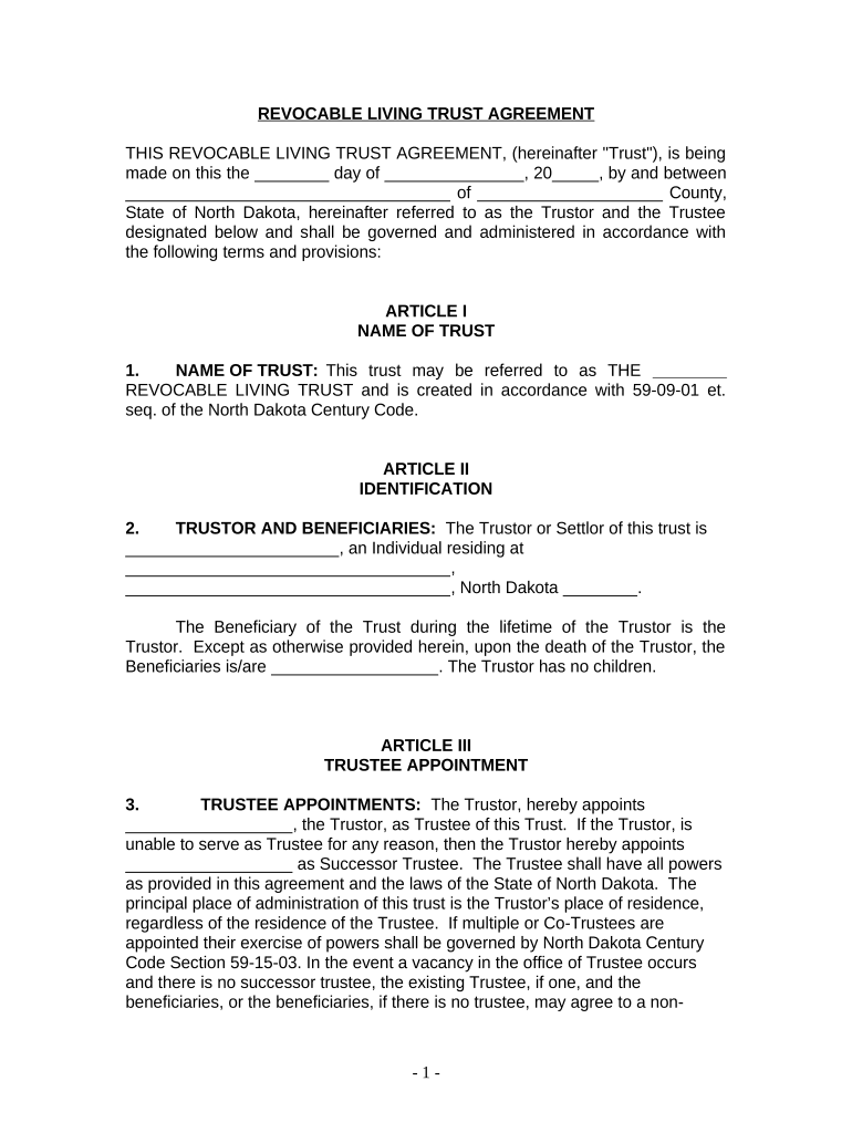 Living Trust for Individual Who is Single, Divorced or Widow or Widower with No Children - North Dakota Preview on Page 1