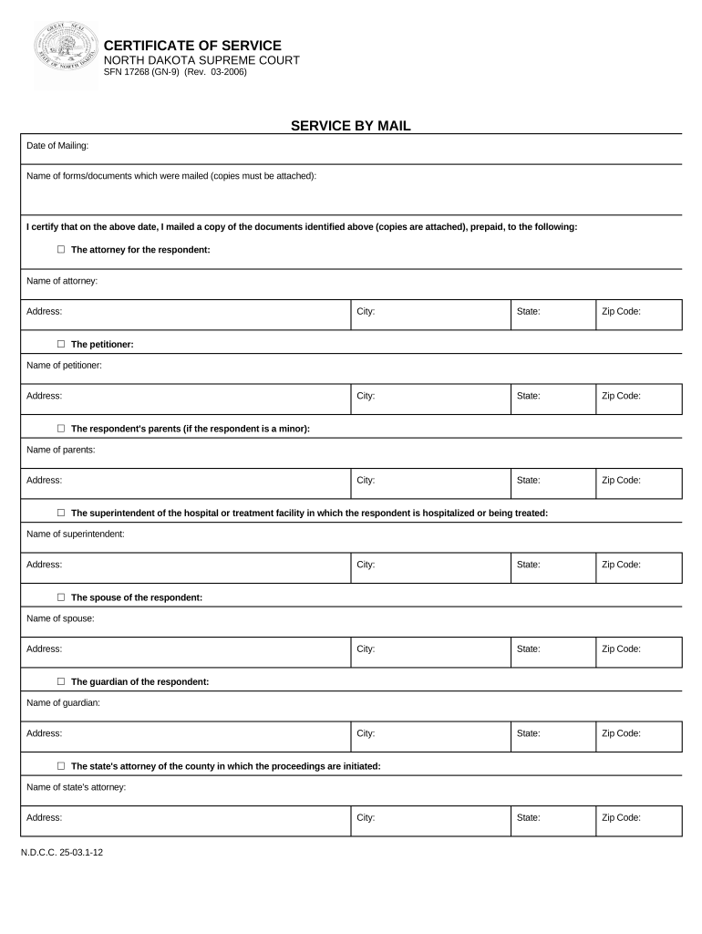 North Dakota Certificate of Service - North Dakota Preview on Page 1