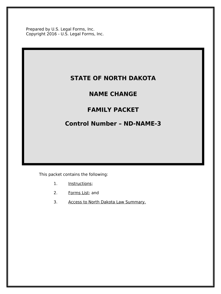 Name Change Instructions and Forms Package for a Family - North Dakota Preview on Page 1.