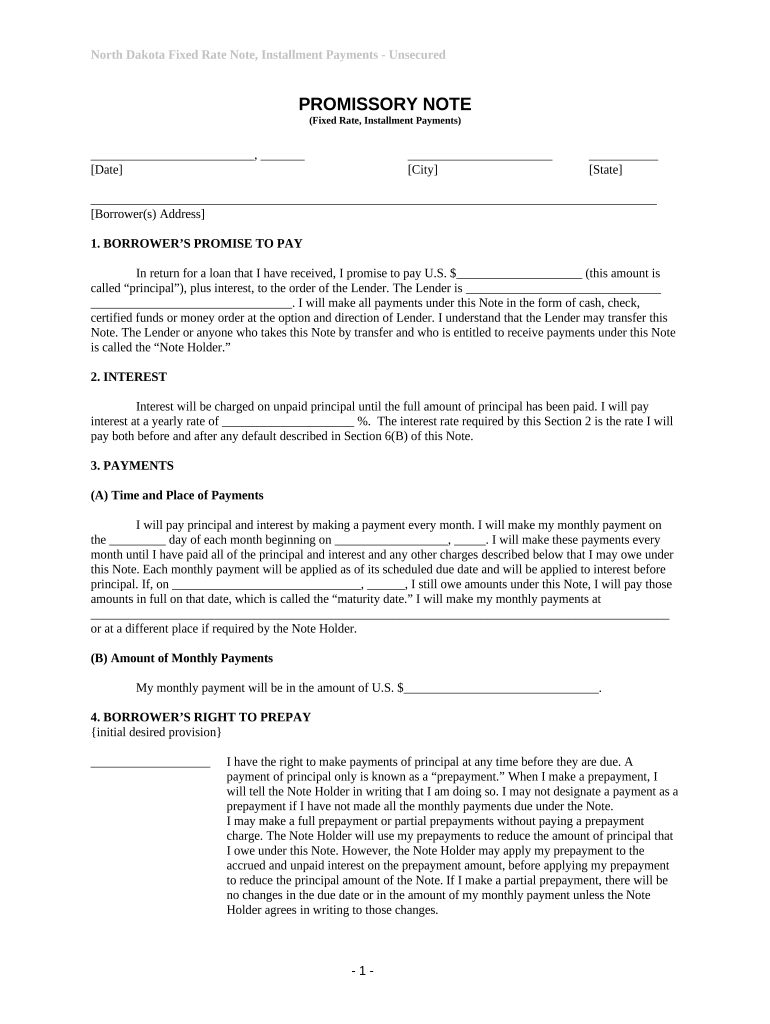 North Dakota Unsecured Installment Payment Promissory Note for Fixed Rate - North Dakota Preview on Page 1