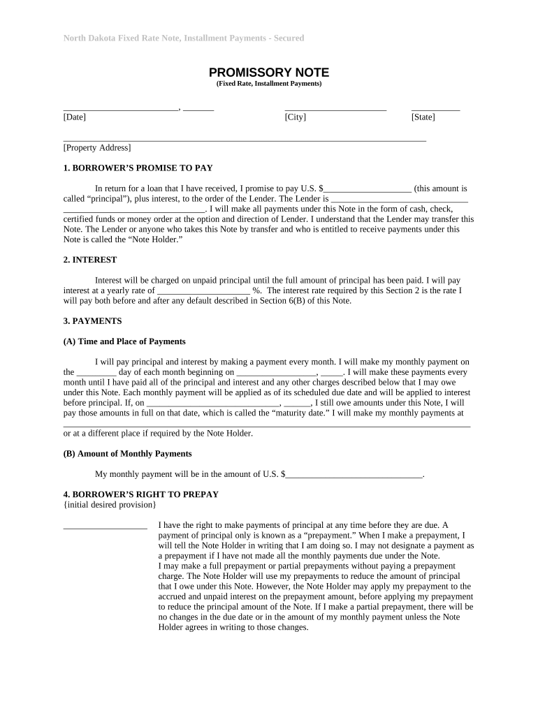 North Dakota Installments Fixed Rate Promissory Note Secured by Residential Real Estate - North Dakota Preview on Page 1