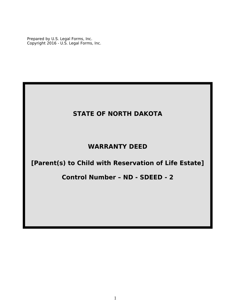 Warranty Deed for Parents to Child with Reservation of Life Estate - North Dakota Preview on Page 1.