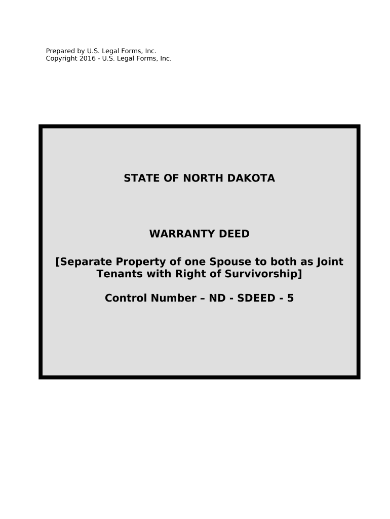 Warranty Deed to Separate Property of One Spouse to Both Spouses as Joint Tenants - North Dakota Preview on Page 1